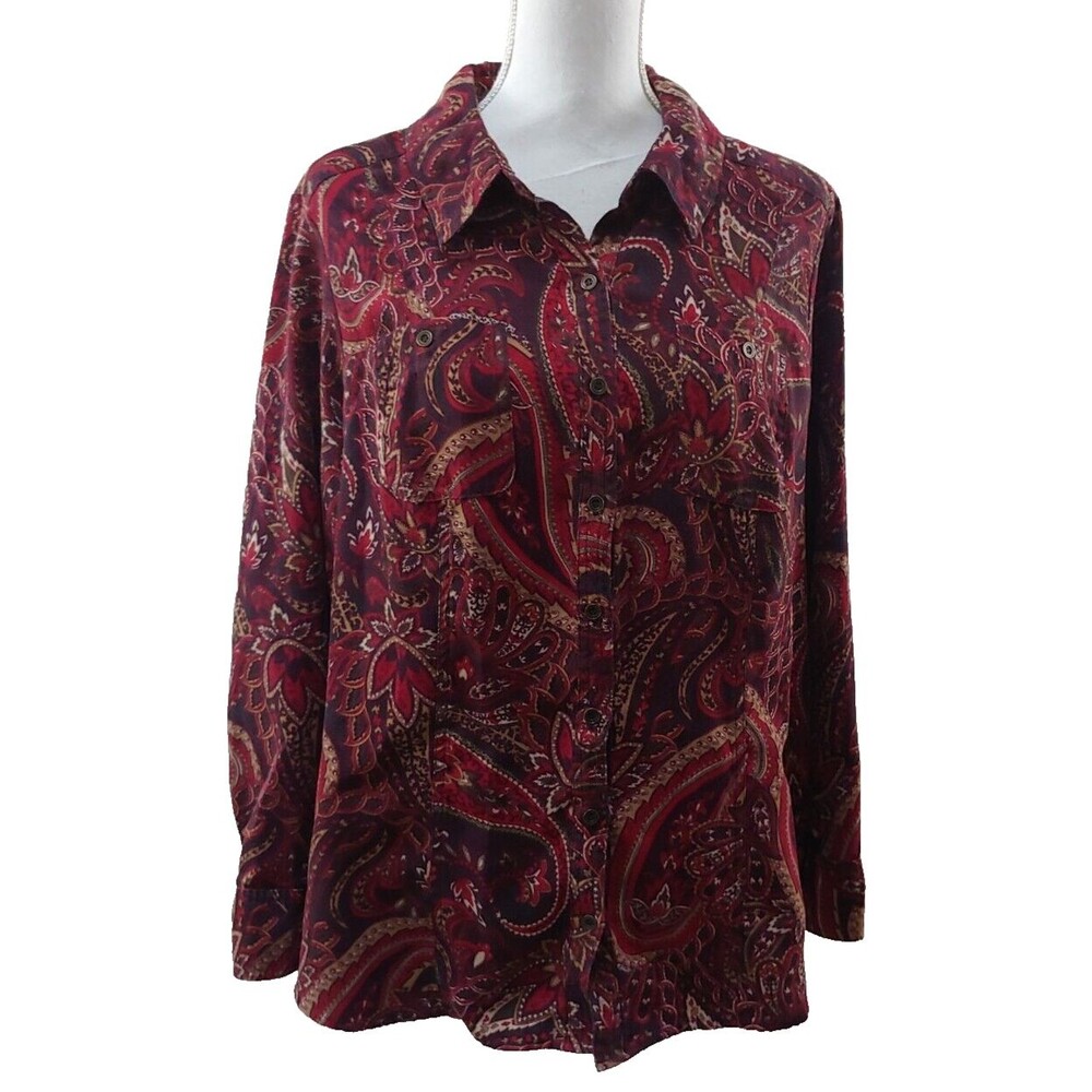 Croft & Barrow Womens Top 1X Long Sleeve Button Front Red Paisley Collared Shirt